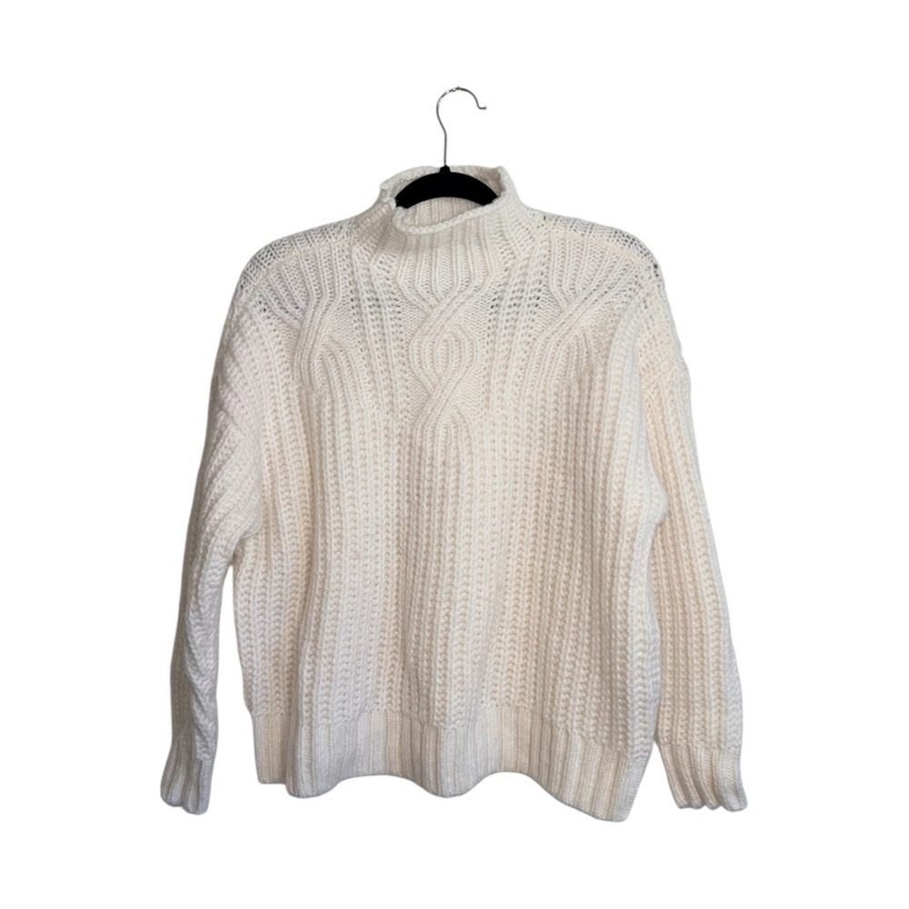 Aerie Ivory White Cable Knit Sweater Mock Turtleneck Wool Cozy Small Women’s